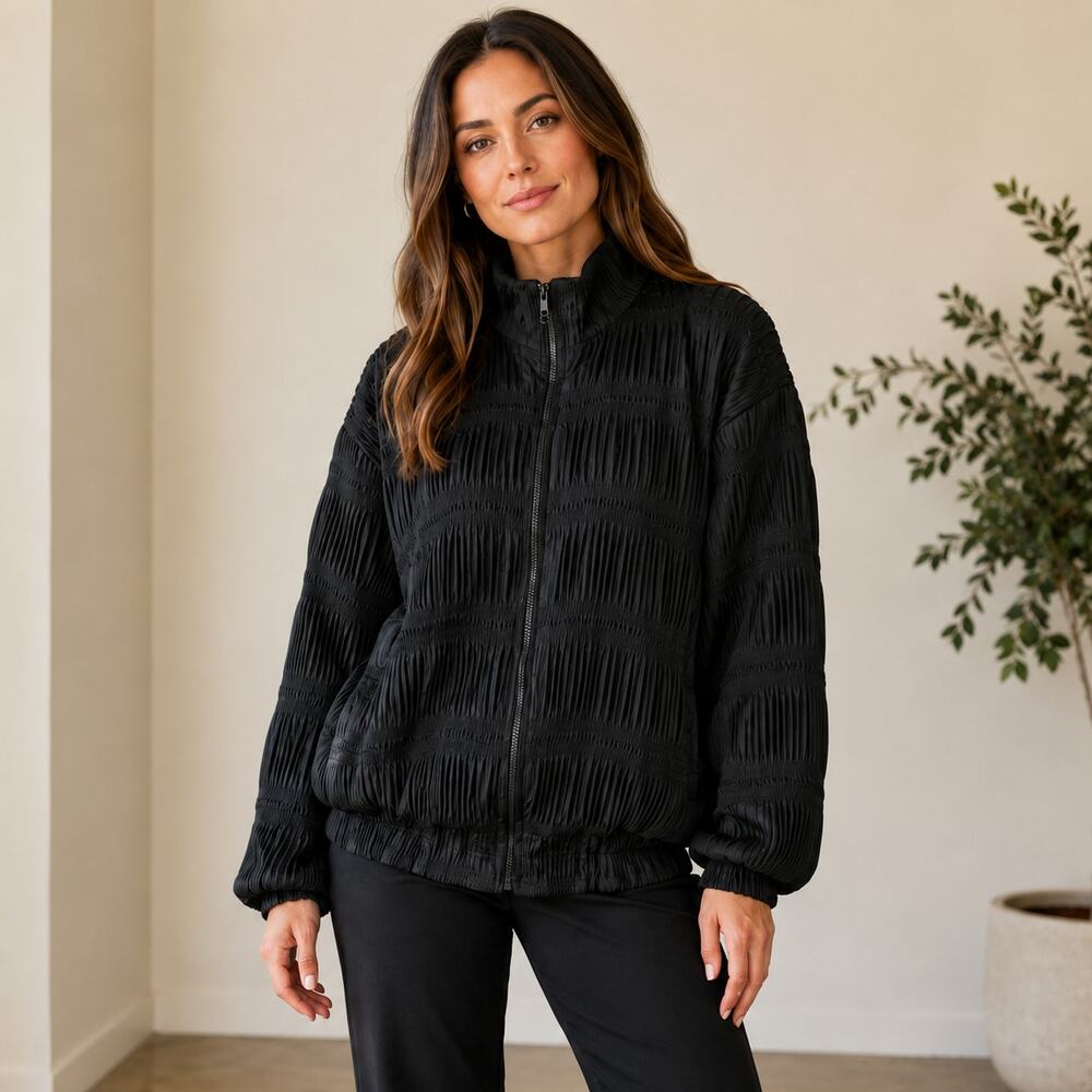 Valentina Vintage Full Zip Black Crinkle Jacket Women's One Size Fit All